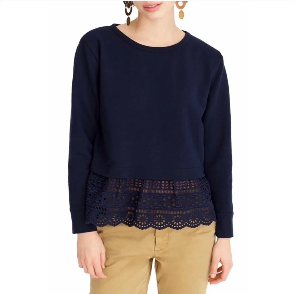 J. Crew Eyelet Drop Hem Crew Neck Terry Sweatshirt - Navy